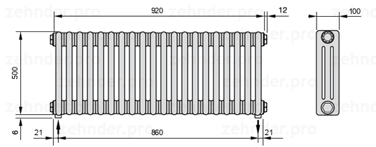Схема (чертеж) Радиатор Zehnder Charleston 3050/20 №5310 Белый глянцевый RAL 9016